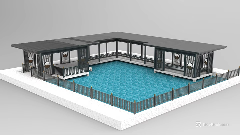 Covered Pool Area With Blue Water Fence And Circular Decor Elements 3d model