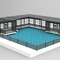 Covered Pool Area With Blue Water Fence And Circular Decor Elements 3d model