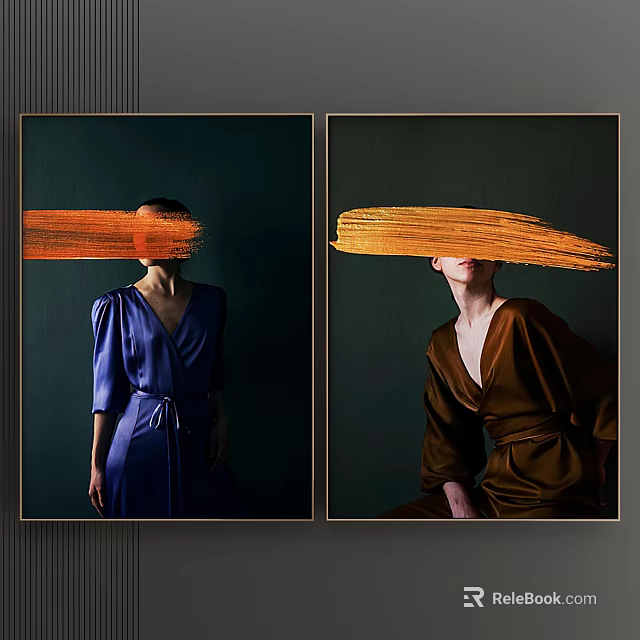 Portrait Paintings of Women Wearing Blue and Brown Dresses With Orange Brush Strokes Covering Faces 3d model 