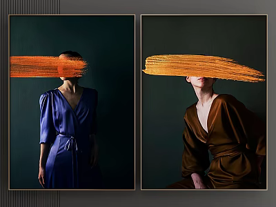 Portrait Paintings of Women Wearing Blue and Brown Dresses With Orange Brush Strokes Covering Faces 3d model