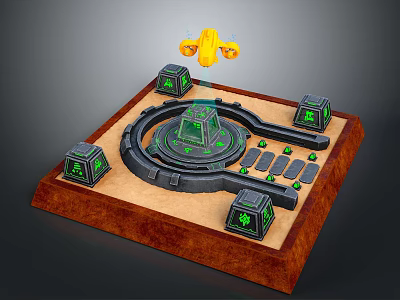 Landscape With Wooden Base Black Circular Track Green Glowing Tower Four Cubes Yellow Flying Vehicle 3d model