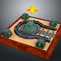 Landscape With Wooden Base Black Circular Track Green Glowing Tower Four Cubes Yellow Flying Vehicle