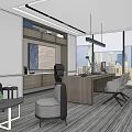 Modern Office Interior With Large Windows Desk Chairs Sofa And City View 3d model