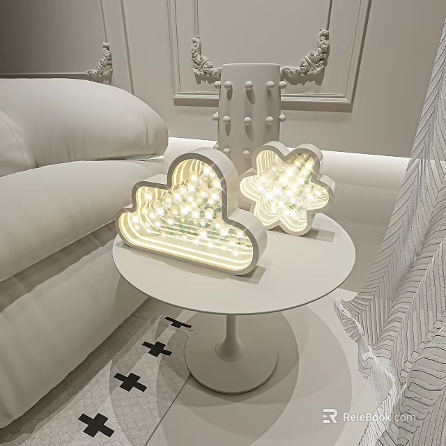 Modern Cloud and Flower Shaped Table Lamps with LED Lights in Cozy Living Room 3d model 