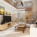 Modern Apartment Living Room With Large Windows Mountain View Sofa Coffee Table And Wall Paintings