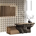 Modern Reception Desk With Stone Countertop And Decorative Branches Against Grid Patterned Wall 3d model