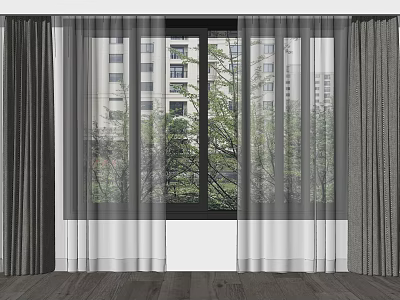Modern Gray Layered Curtains with White Sheer Panels for Indoor Window and City View 3d model