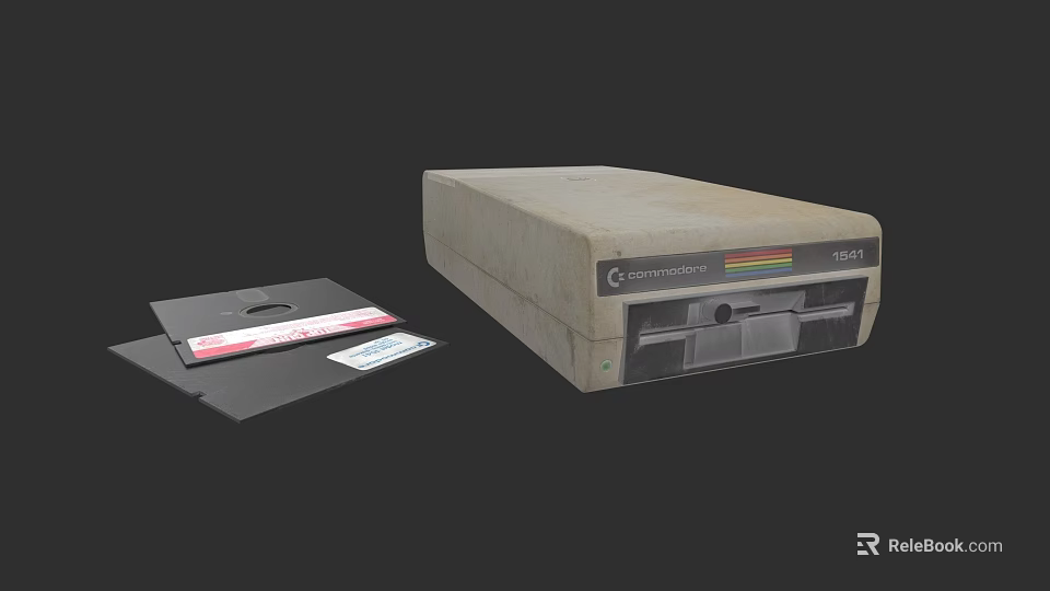 Vintage Computer Disk Drive With Floppy Disks On Dark Background 3d model
