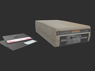 Vintage Computer Disk Drive With Floppy Disks On Dark Background 3d model
