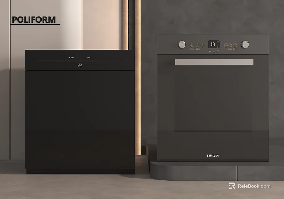 Sleek Black Modern Kitchen Appliances Featuring Siemens Oven And Poliform Dishwasher 3d model 