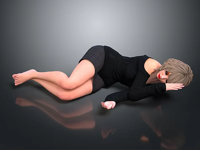 Woman Lying On Smooth Surface Wearing Black Outfit With Short Hair 3d model