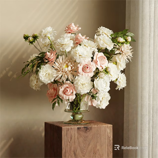 Glass Vase with Pink and White Flower Blooms on Wooden Block Base in Soft Light 3d model 