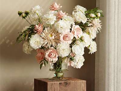 Glass Vase with Pink and White Flower Blooms on Wooden Block Base in Soft Light 3d model