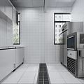 Commercial Kitchen Interior With Stainless Steel Worktables Shelves Range Hoods And Lighting