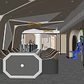 Modern Exhibition Hall Interior With Central Sofa Chandeliers Blue Sculpture Glass Walls And Marble Floor