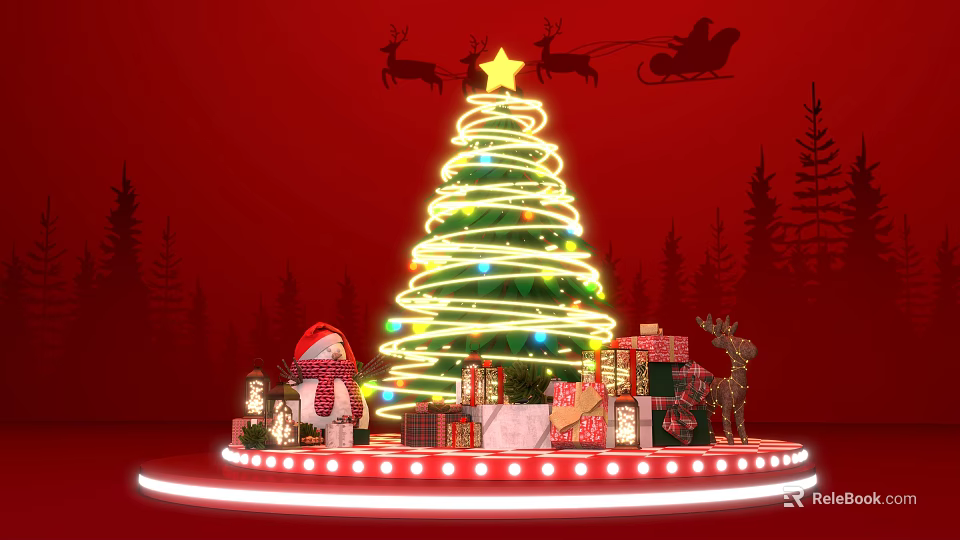 Festive Christmas Stage with Illuminated Tree Gifts Reindeer Sleigh and Red Background 3d model 