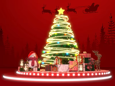 Festive Christmas Stage with Illuminated Tree Gifts Reindeer Sleigh and Red Background 3d model