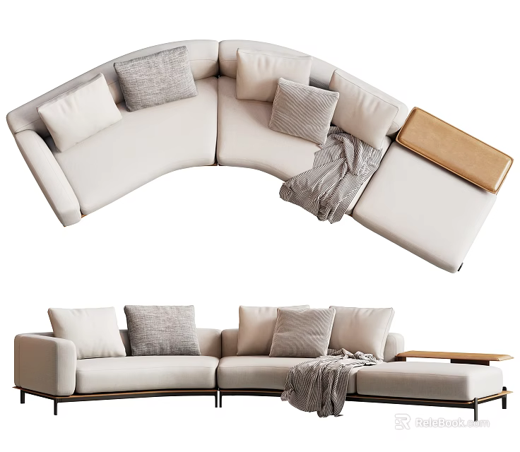 Modern Multi Person Sectional Sofa With Curved Linear Design Multiple Pillows And Throw Blanket 3d model