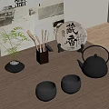 Traditional Japanese Teaset with Teapot Teacups Tea Cake and Green Plant on Wooden Tabletop
