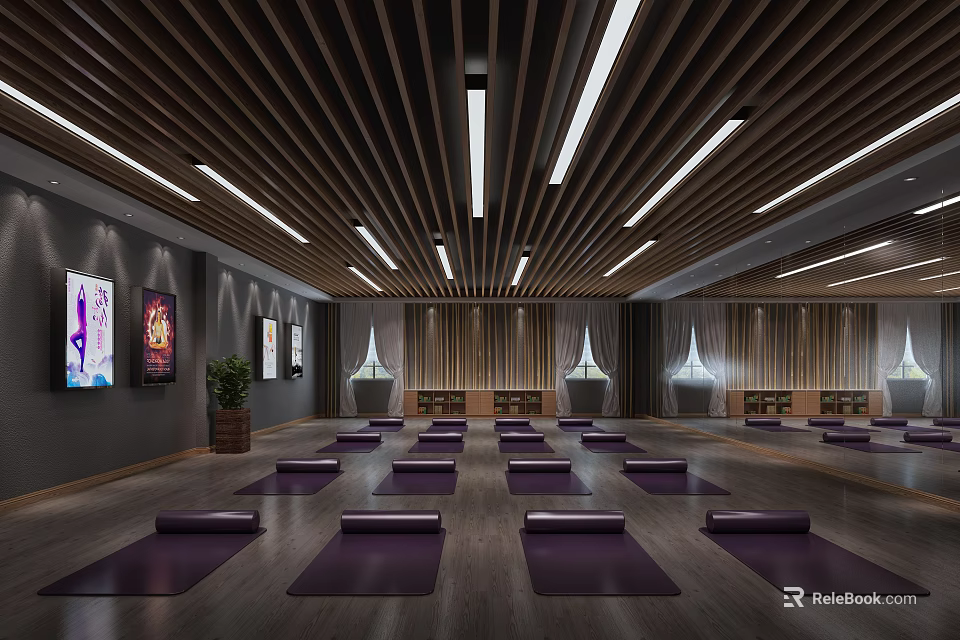 Yoga Studio Spacious Interior With Wooden Ceiling Purple Mats Artworks And Plants 3d model 