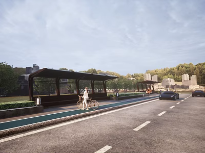 Modern Urban Bus Shelter Canopy With Bicycle Lane And Greenery Along Road 3d model