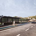 Modern Urban Bus Shelter Canopy With Bicycle Lane And Greenery Along Road