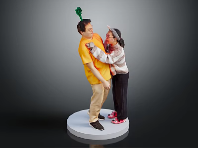 Two People Standing Together on White Base with Green Ornament and Casual Clothing 3d model