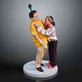 Two People Standing Together on White Base with Green Ornament and Casual Clothing
