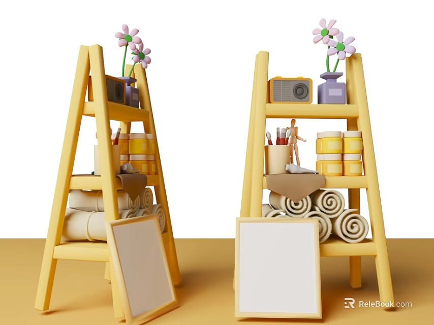 Yellow Ladder Shelves Decorative Ornament Combination With Flowers Radio Figurine Paint Cans Scrolls And Frames 3d model 