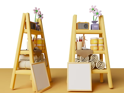 Yellow Ladder Shelves Decorative Ornament Combination With Flowers Radio Figurine Paint Cans Scrolls And Frames 3d model