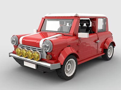 Red Classic Mini Style Building Blocks Car Model With White Roof And Headlights 3d model
