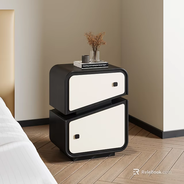 Modern Black And White Bedside Table With Double Drawers And Decorative Items 3d model 