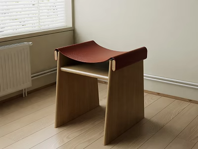 Minimalist Wooden Side Table With Red Cushioned Top In Indoor Room Corner 3d model