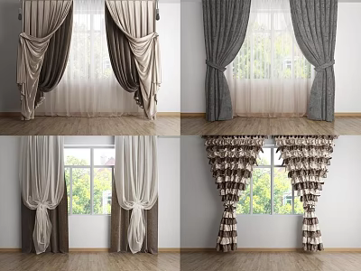 Various Curtain Designs With Beige Gray Brown Fabric And Decorative Ties For Windows 3d model