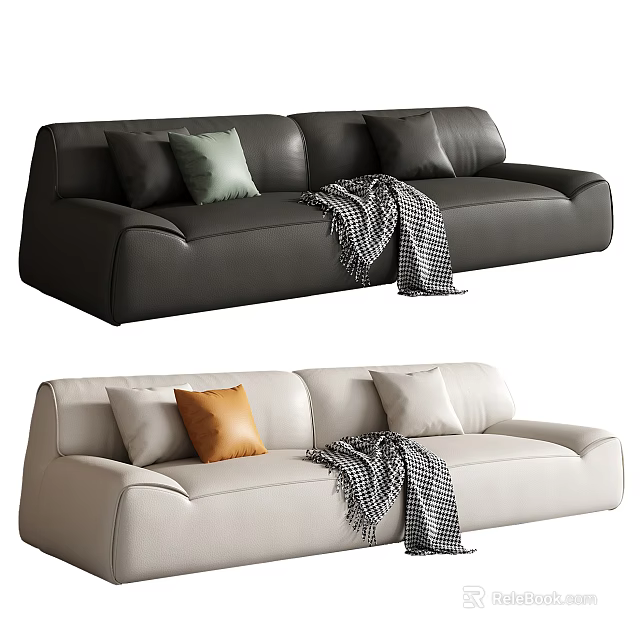 Black and Cream Sectional Sofas with Colorful Pillows and Checkered Blanket 3d model