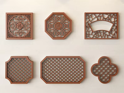 Traditional Wooden Carved Lattice Windows with Various Shapes and Decorative Patterns 3d model