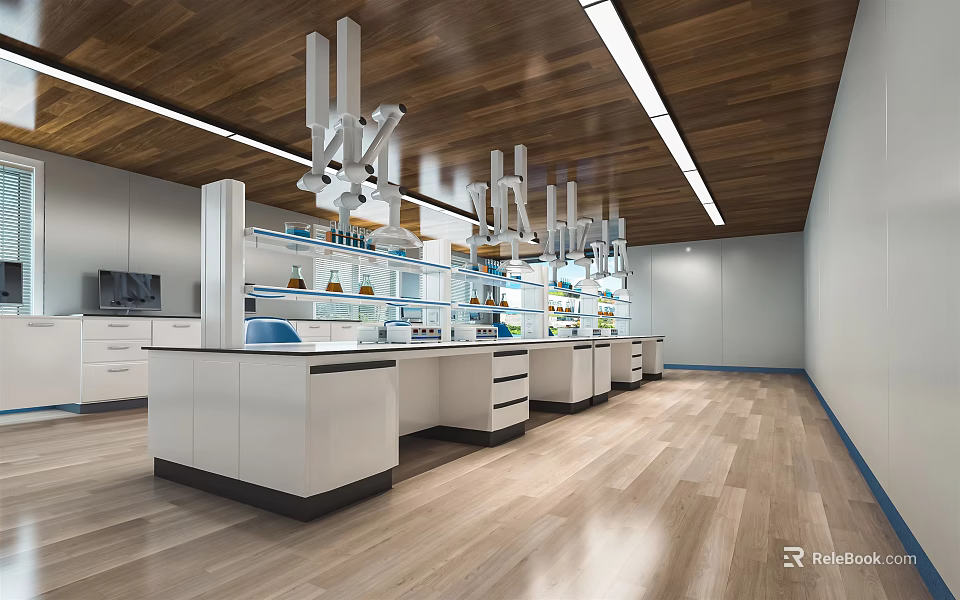 Modern Laboratory Interior With White Benches Cabinets Shelves Glassware Wooden Ceiling And Lighting 3d model 