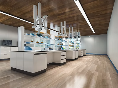 Modern Laboratory Interior With White Benches Cabinets Shelves Glassware Wooden Ceiling And Lighting 3d model