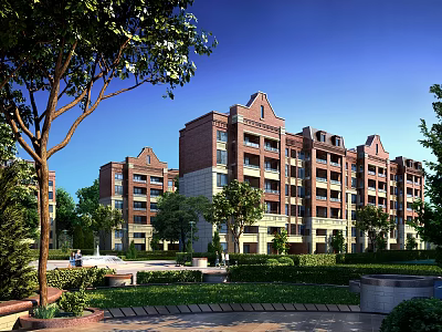 Red Brick Multi Story Residential Building With Lush Green Trees And Lawns 3d model