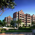 Red Brick Multi Story Residential Building With Lush Green Trees And Lawns