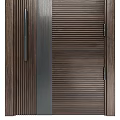 Modern Dark Brown Ribbed Solid Wood Door With Matte Metal Accent And Sleek Long Handle