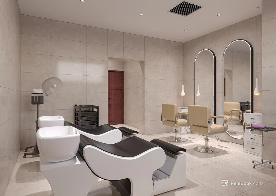 Modern Hair Salon Interior With Styling Chairs Mirrors Wash Basins And Lighting 3d model 