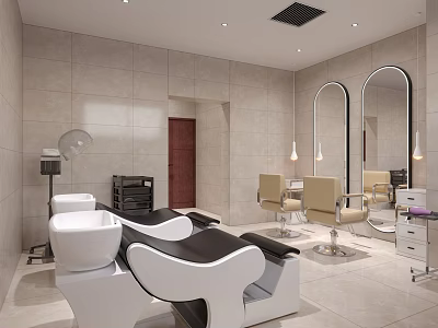 Modern Hair Salon Interior With Styling Chairs Mirrors Wash Basins And Lighting 3d model
