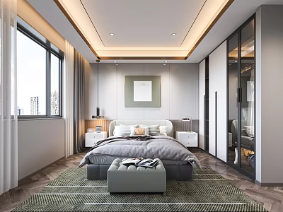 Modern Bedroom Interior Design With King Size Bed Area Rug Wall Art And Large Window 3d model