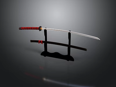 Traditional Japanese Katana Sword Display With Black Stand And Red Handle 3d model