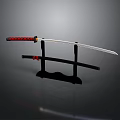 Traditional Japanese Katana Sword Display With Black Stand And Red Handle