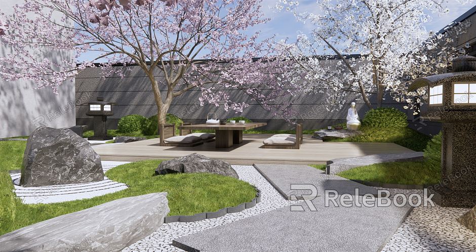 Japanese-style courtyard dry landscape courtyard landscape rockery waterscape stone outdoor tea table and chair cherry blossom landscape tree Zen courtyard model