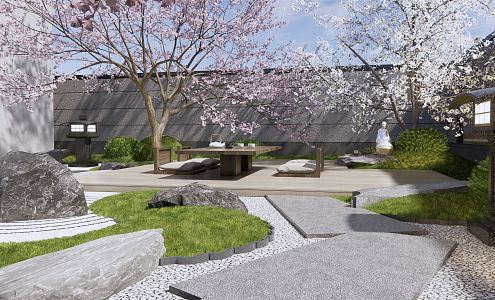 Japanese-style courtyard dry landscape courtyard landscape rockery waterscape stone outdoor tea table and chair cherry blossom landscape tree Zen courtyard 3d model