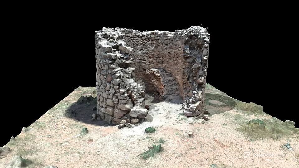Ancient Stone Ruin Tower Surrounded by Desert Sand and Sparse Weeds Isolated on Black Background 3d model 