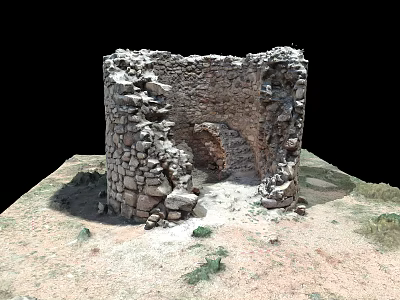 Ancient Stone Ruin Tower Surrounded by Desert Sand and Sparse Weeds Isolated on Black Background 3d model